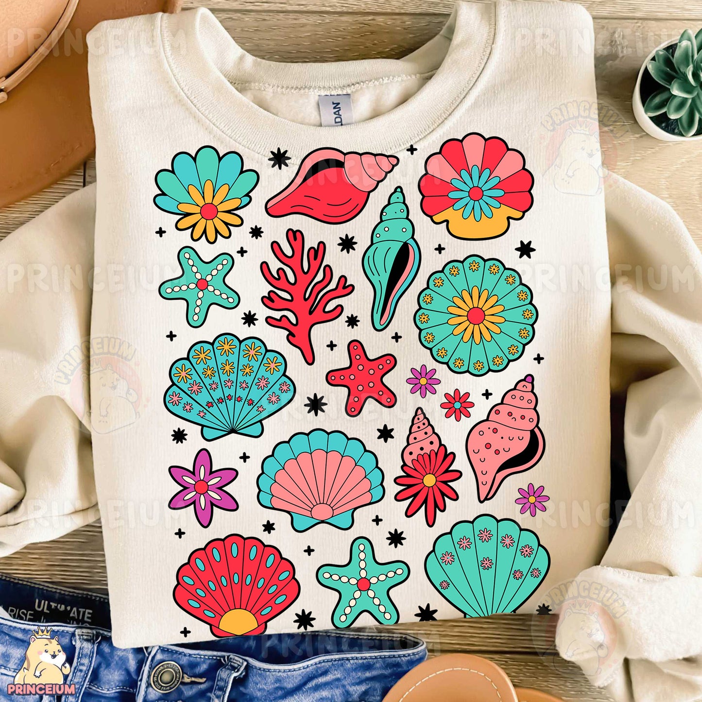 a t - shirt that has a bunch of seashells on it