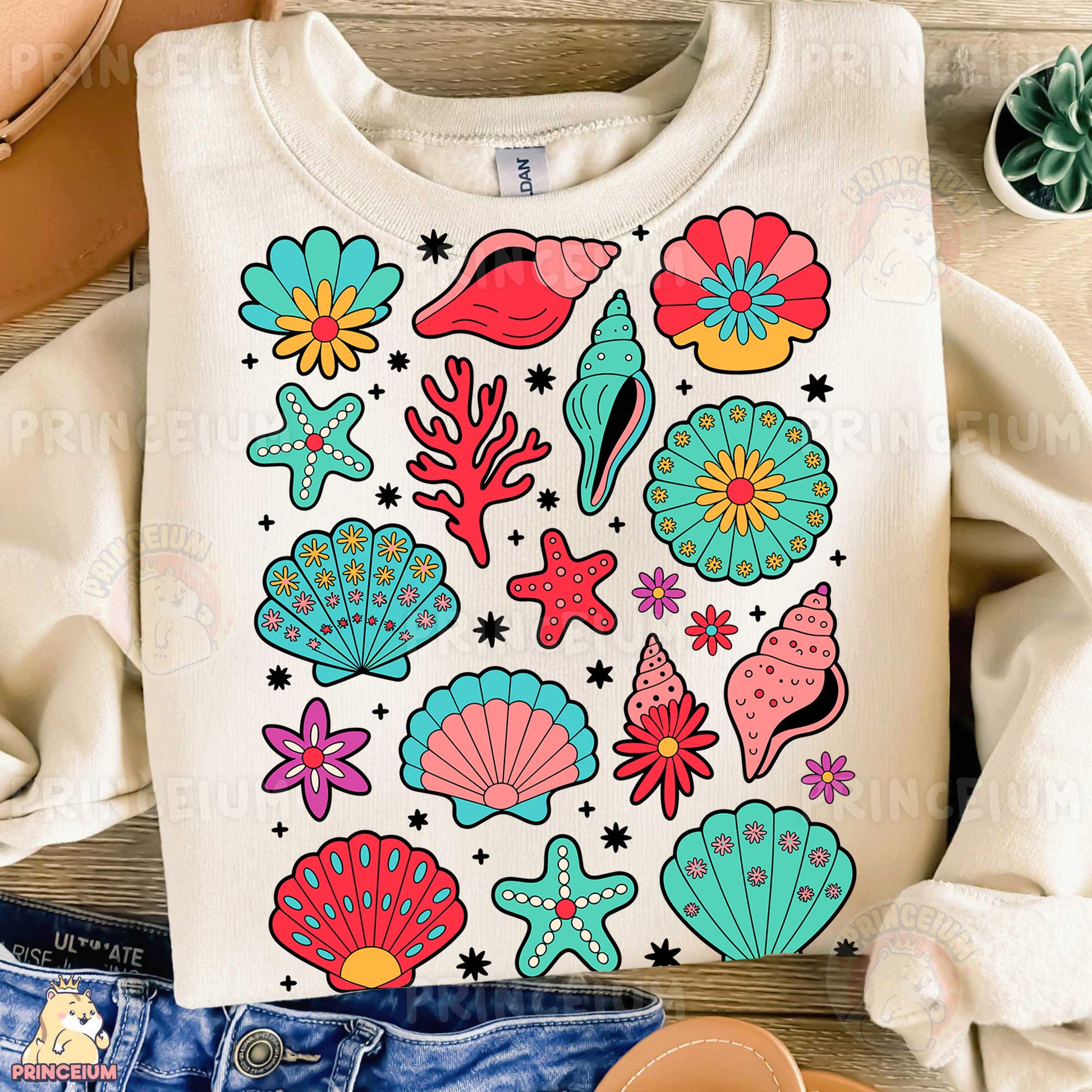 a t - shirt that has a bunch of seashells on it
