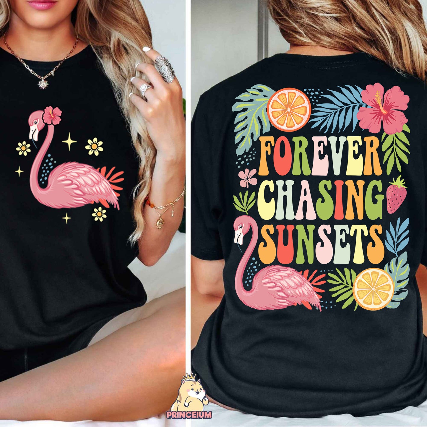 a woman wearing a black shirt with a flamingo on it