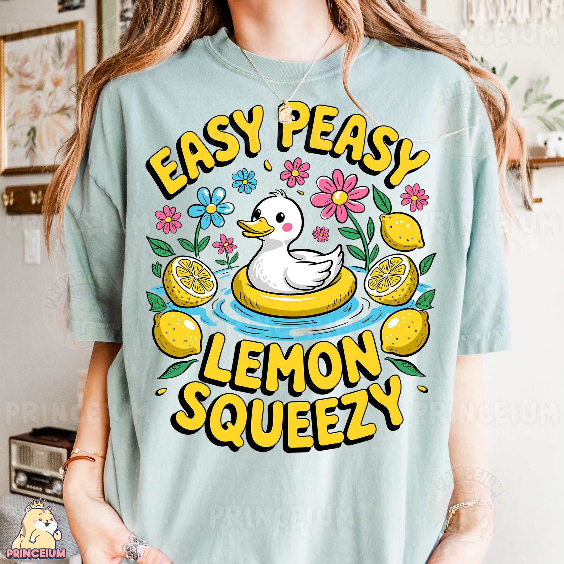a woman wearing a t - shirt that says easy peasy lemon squeez