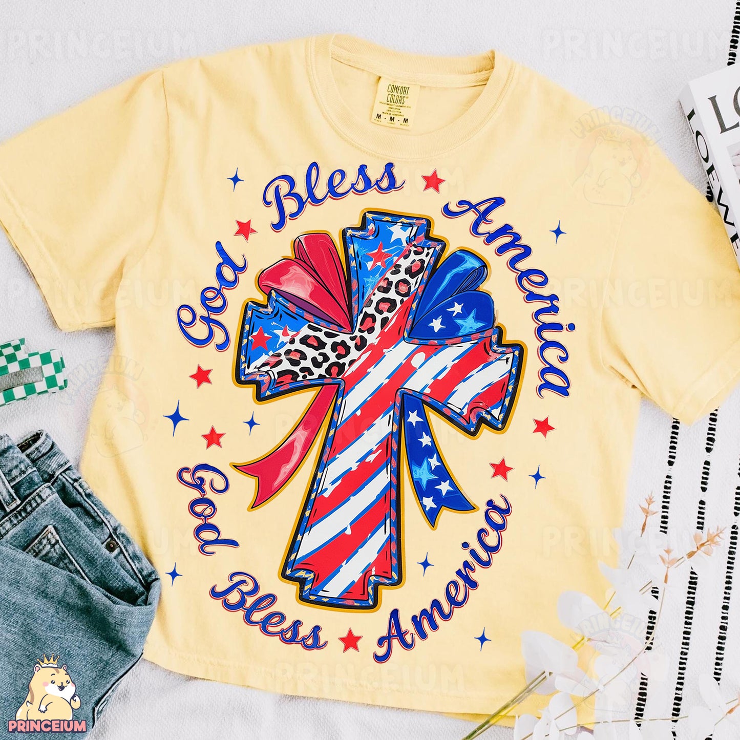 a yellow shirt with an american flag cross on it