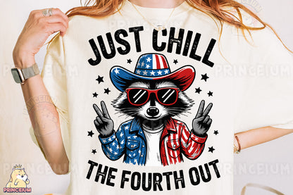a woman wearing a t - shirt that says just chill the fourth out