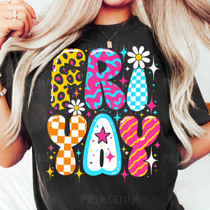 a woman wearing a black shirt with colorful letters