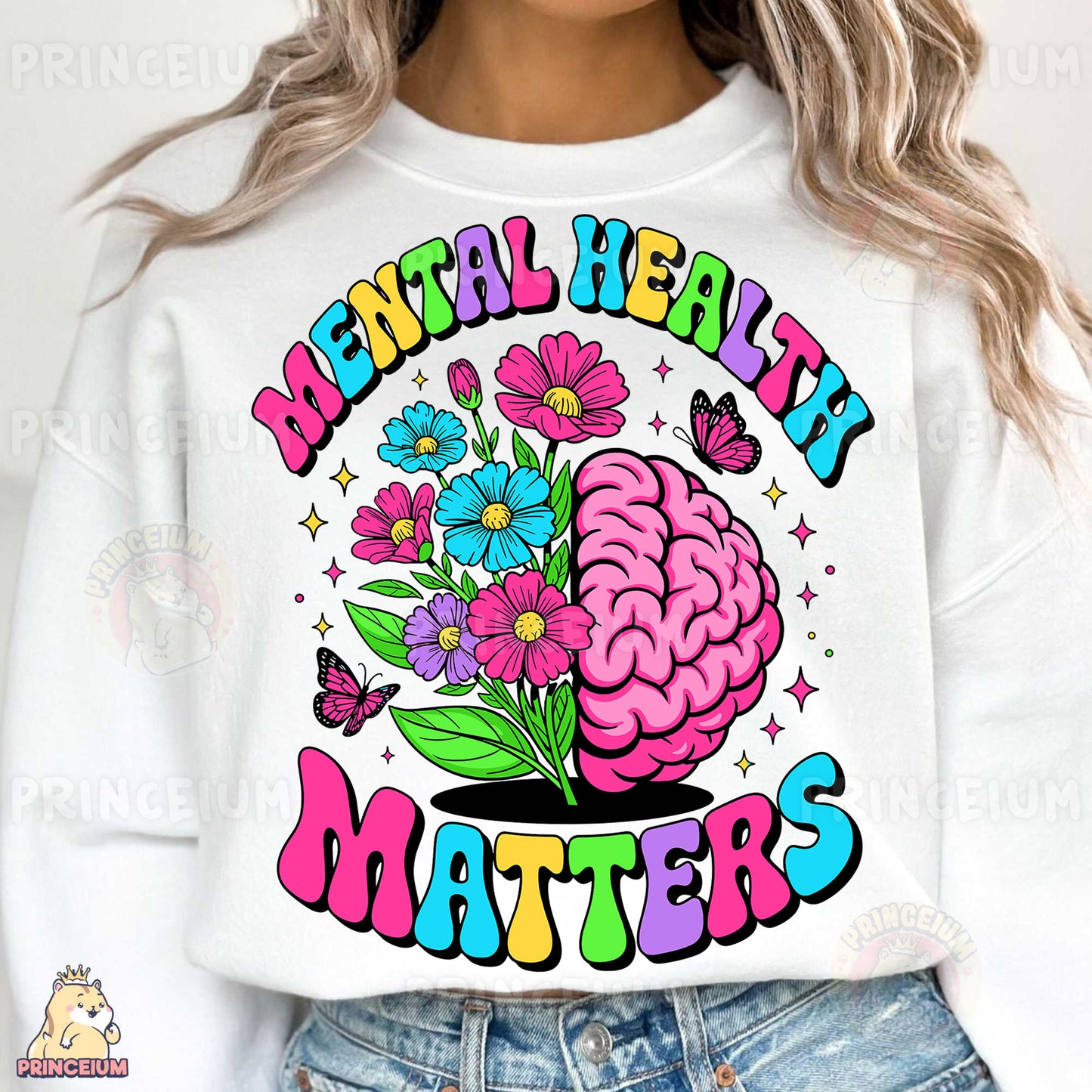 a woman wearing a sweatshirt that says mental health matters