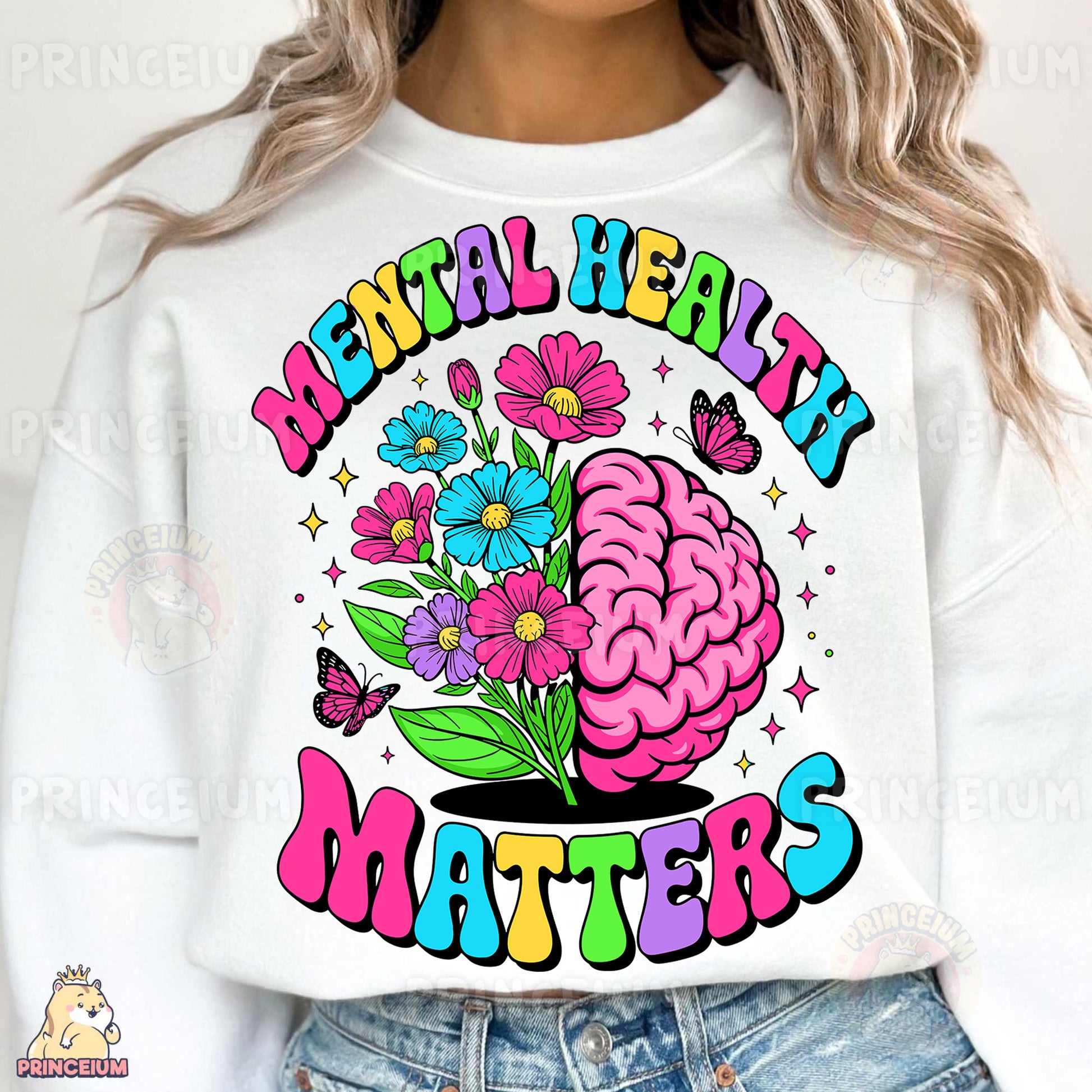 a woman wearing a sweatshirt that says mental health matters