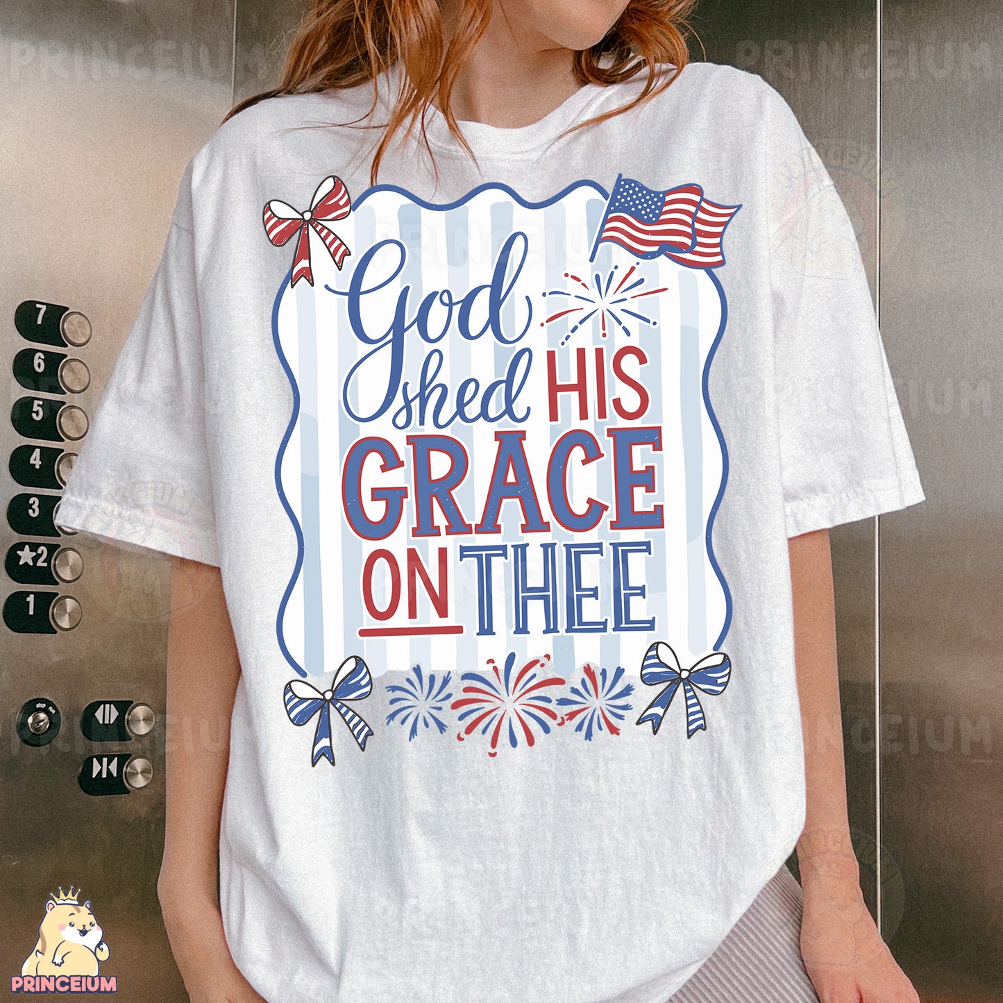 a woman wearing a t - shirt that says god shed his grace on thee