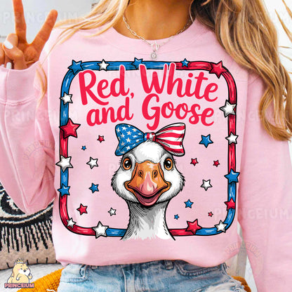 a woman wearing a red, white and goose shirt