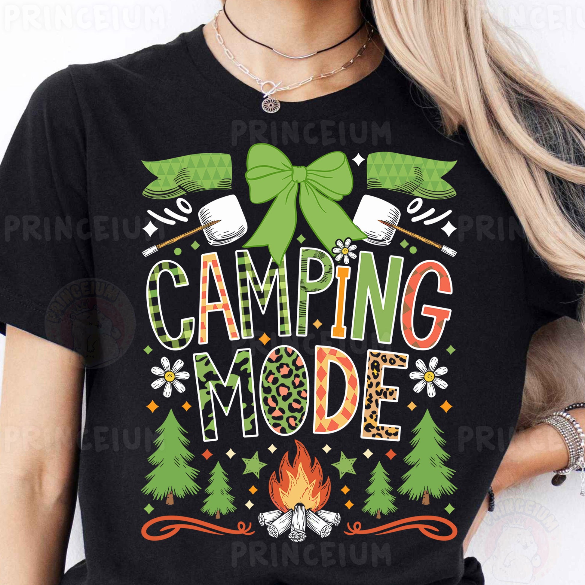 a woman wearing a black camping mode t - shirt