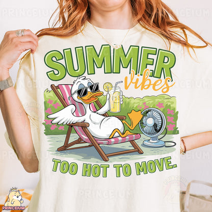 a woman wearing a t - shirt that says summer vibes too hot to move