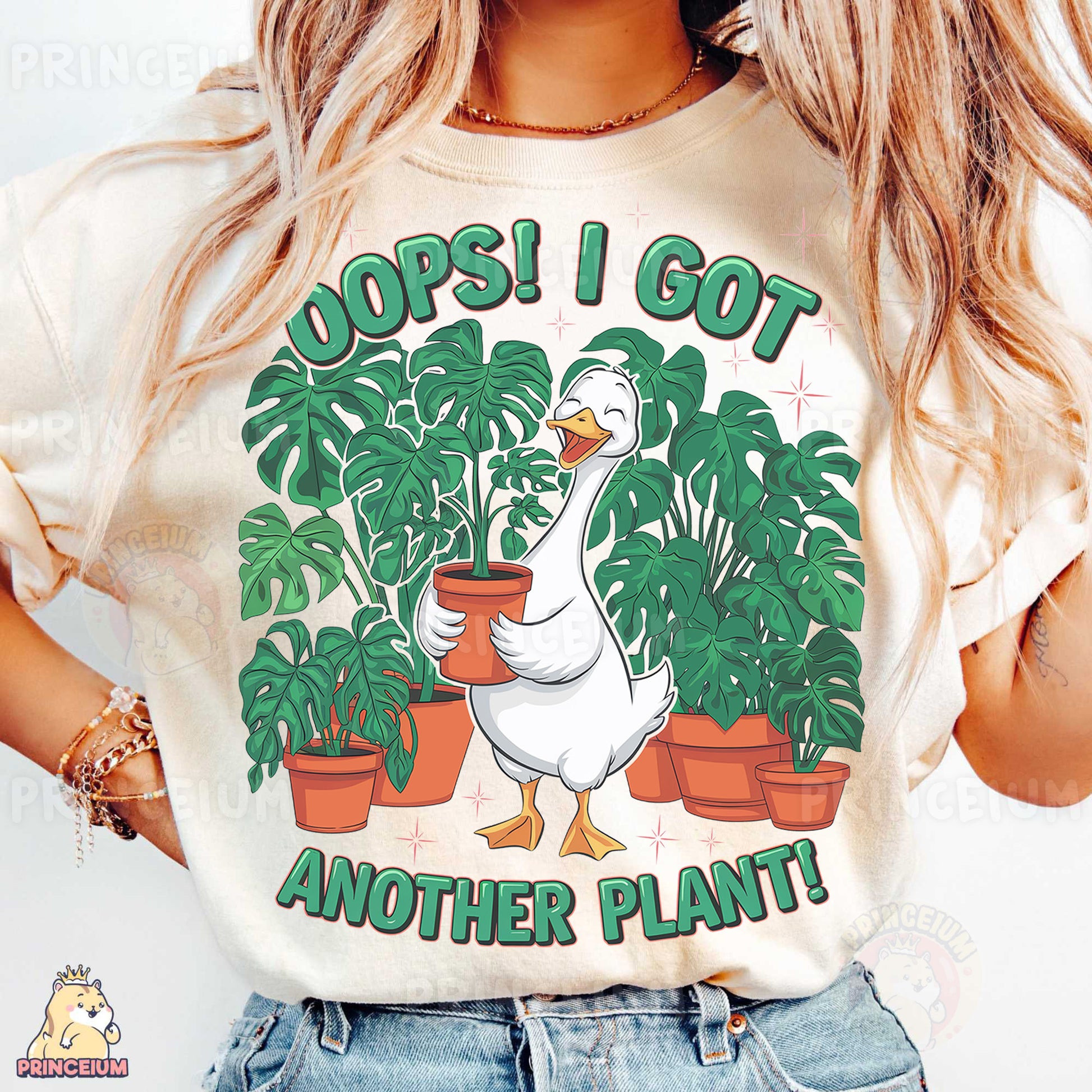 a woman wearing a t - shirt with a goose holding a potted plant
