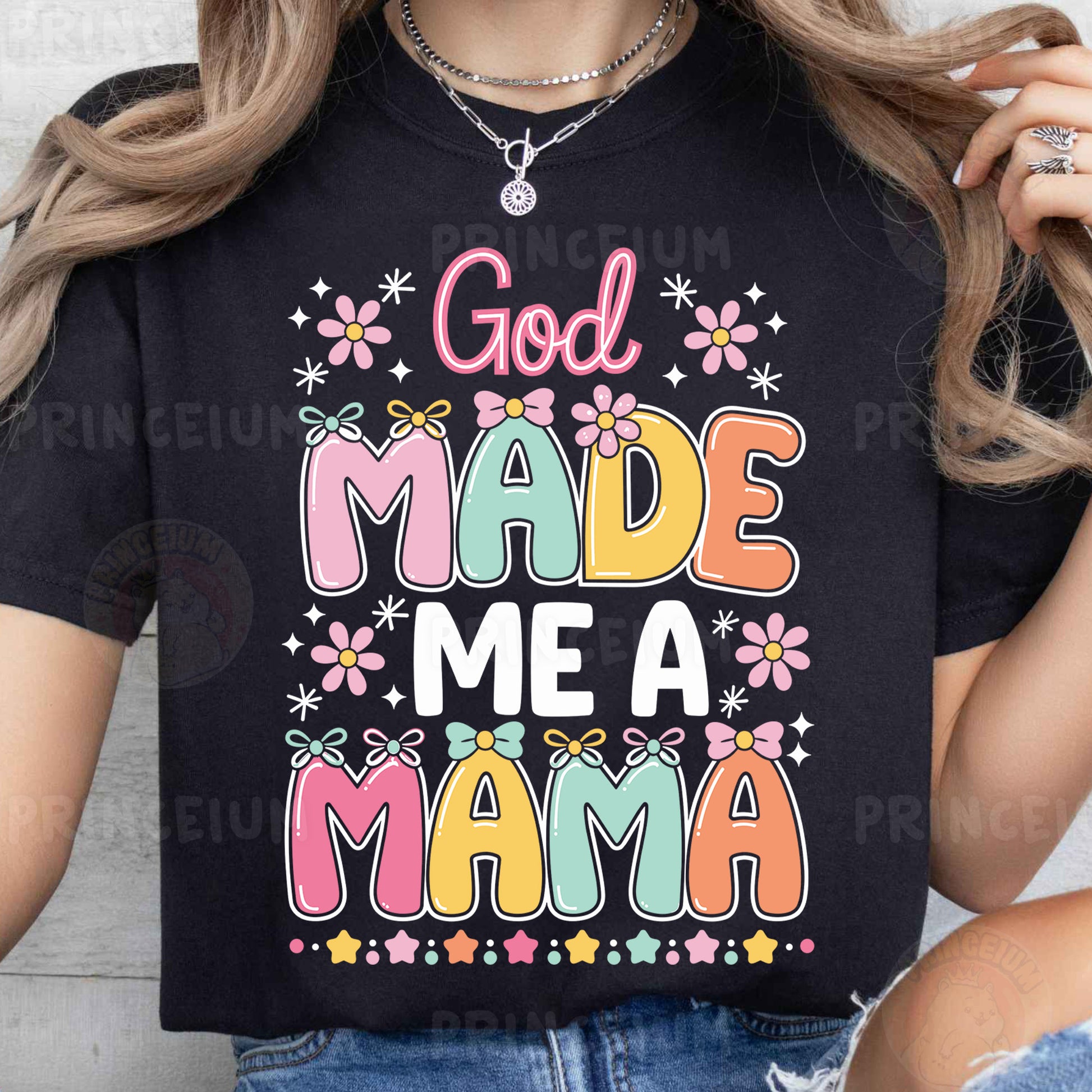 a woman wearing a t - shirt that says god made me a mama