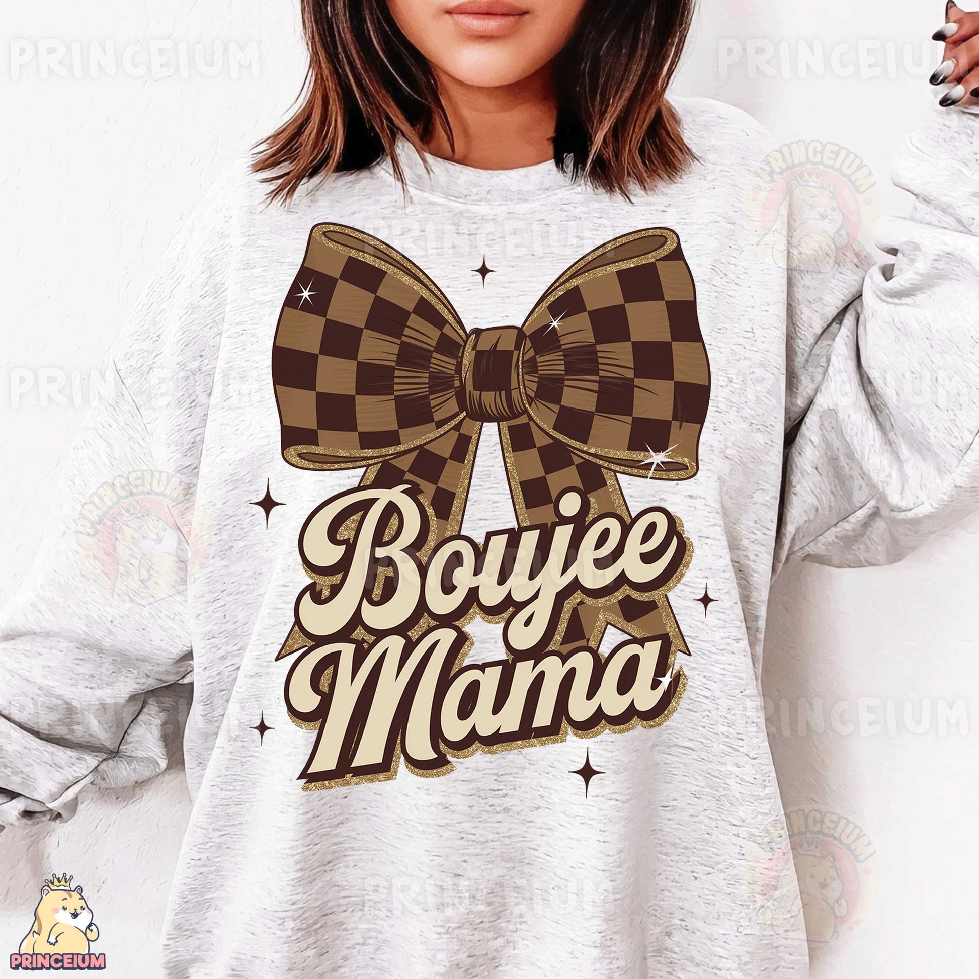 a woman wearing a sweatshirt with a bow on it