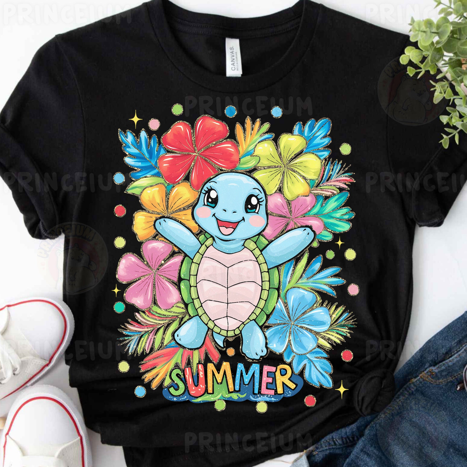 a t - shirt with a turtle and flowers on it