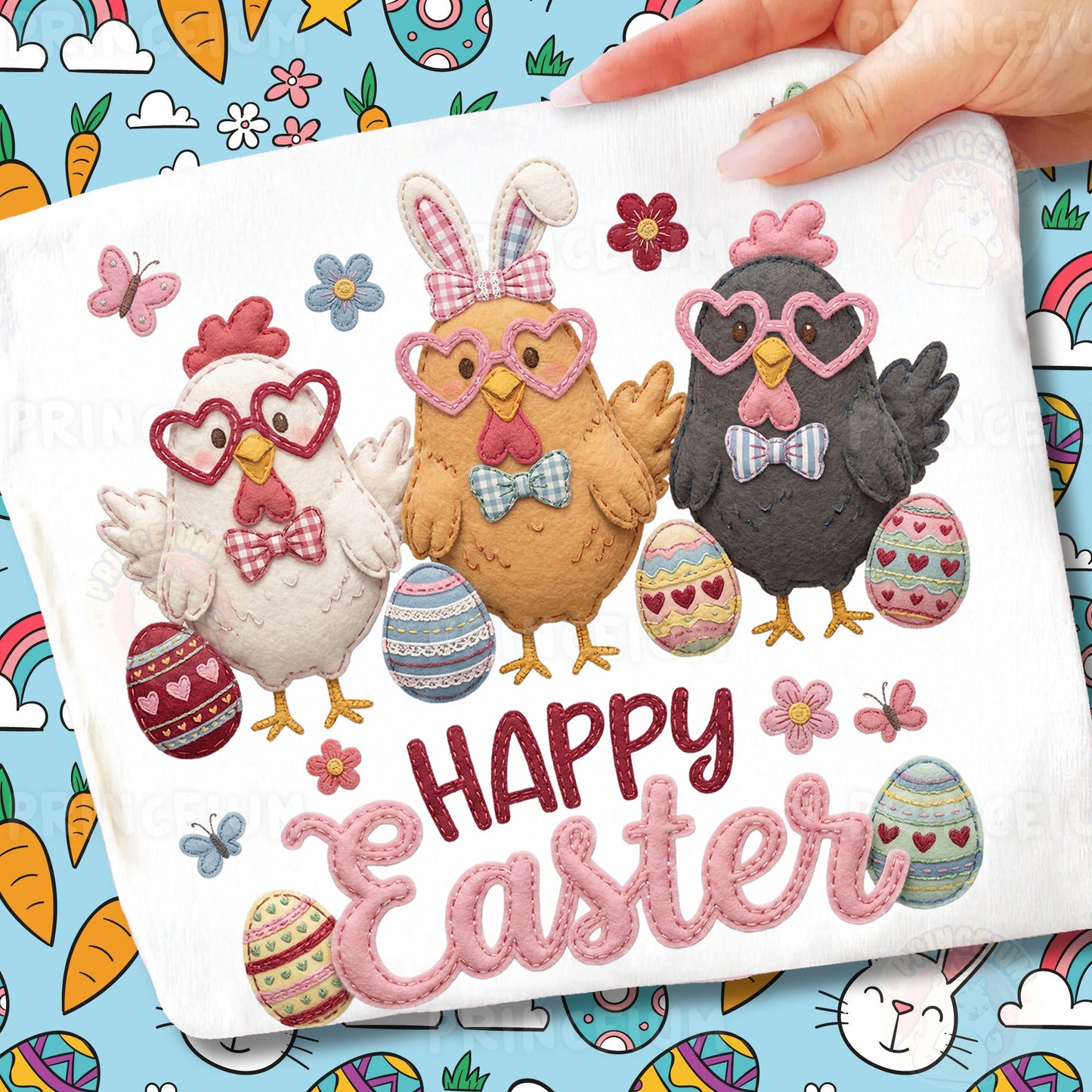 Happy Easter PNG, Cute Chickens with Heart Glasses, Patchwork Farm Easter Clipart