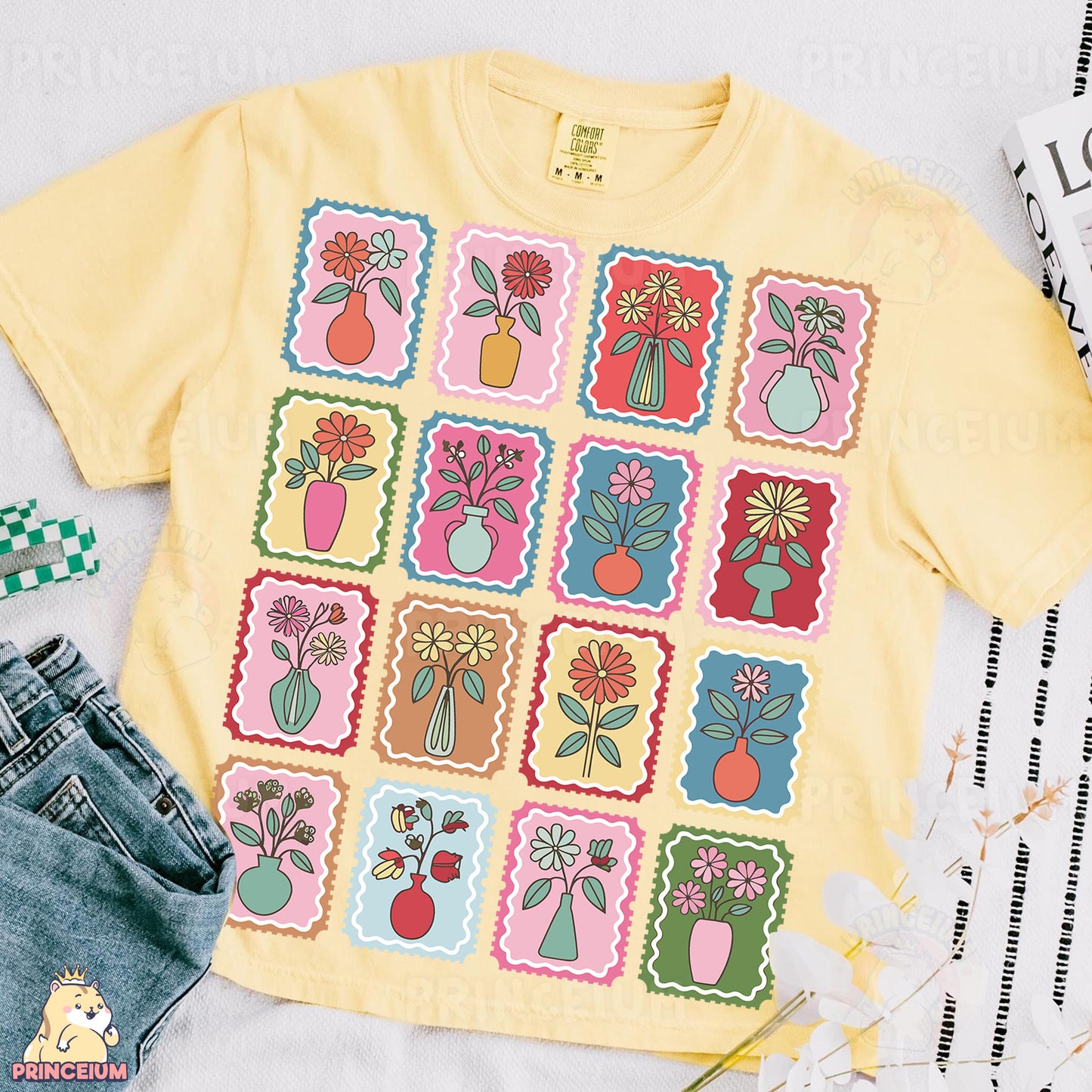 a t - shirt that has a bunch of flowers on it