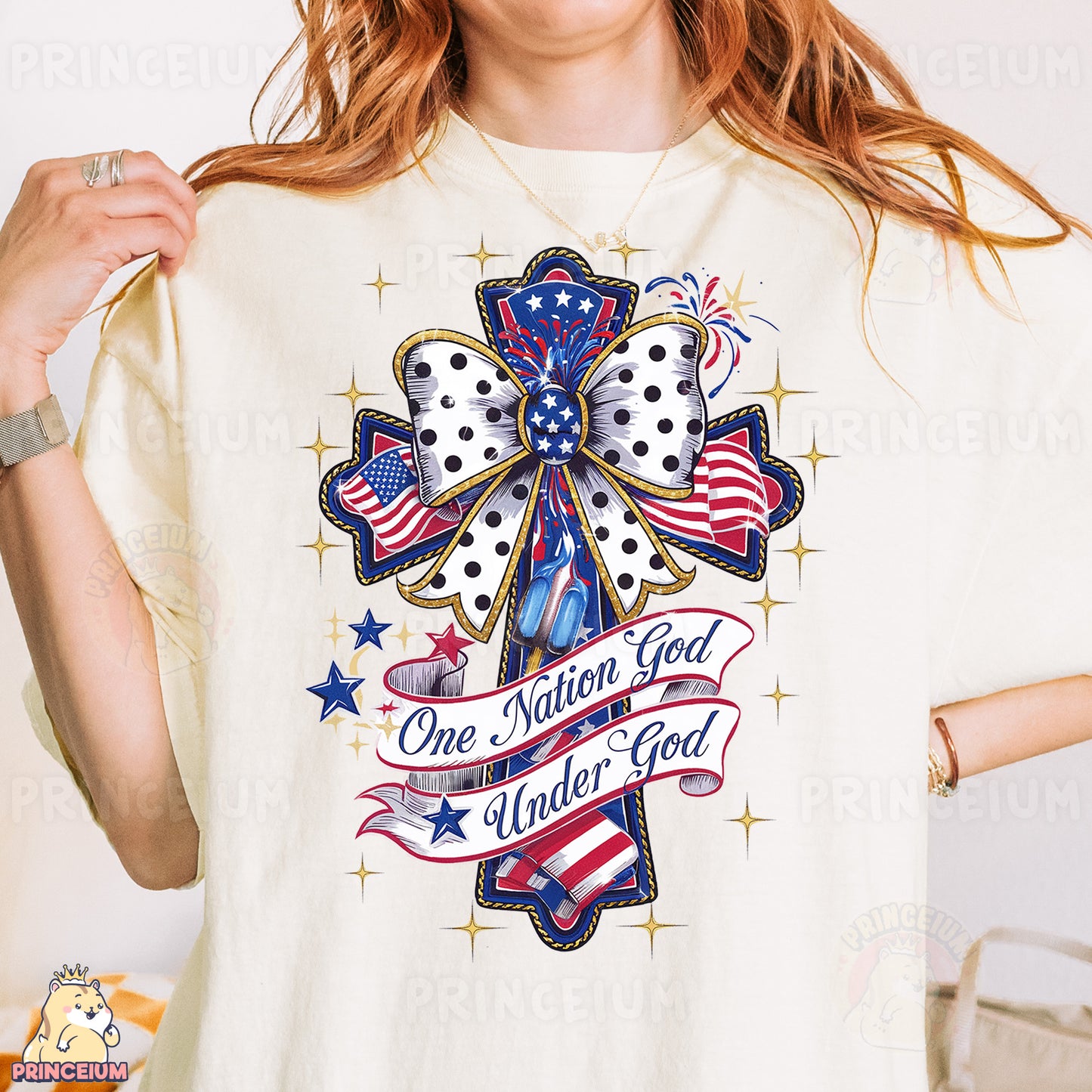 a woman wearing a t - shirt with a cross and american flags on it