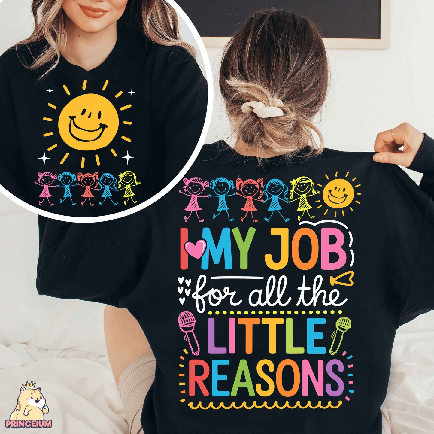 a woman wearing a t - shirt that says, my job is all the little