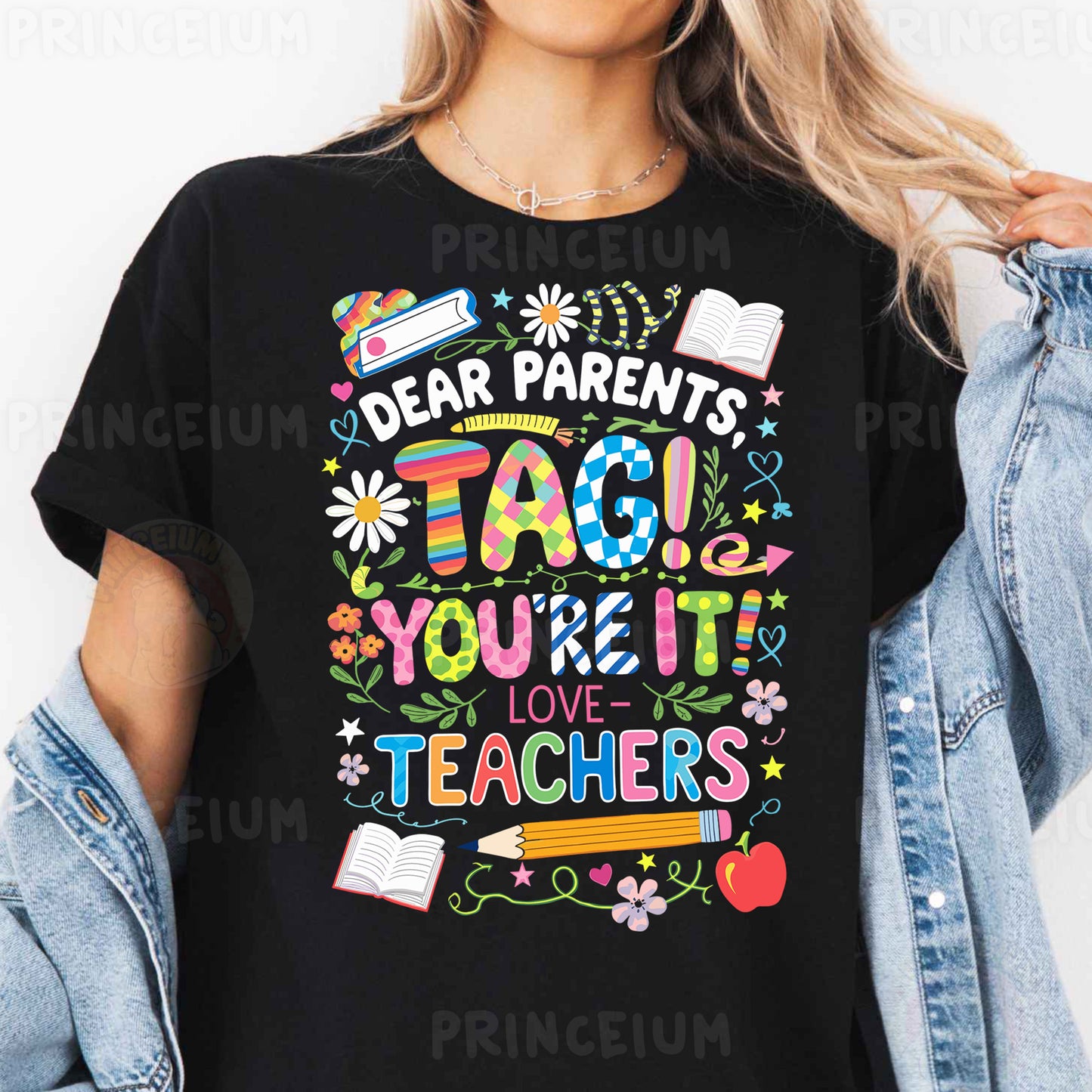 a woman wearing a t - shirt that says dear parents tag you're it