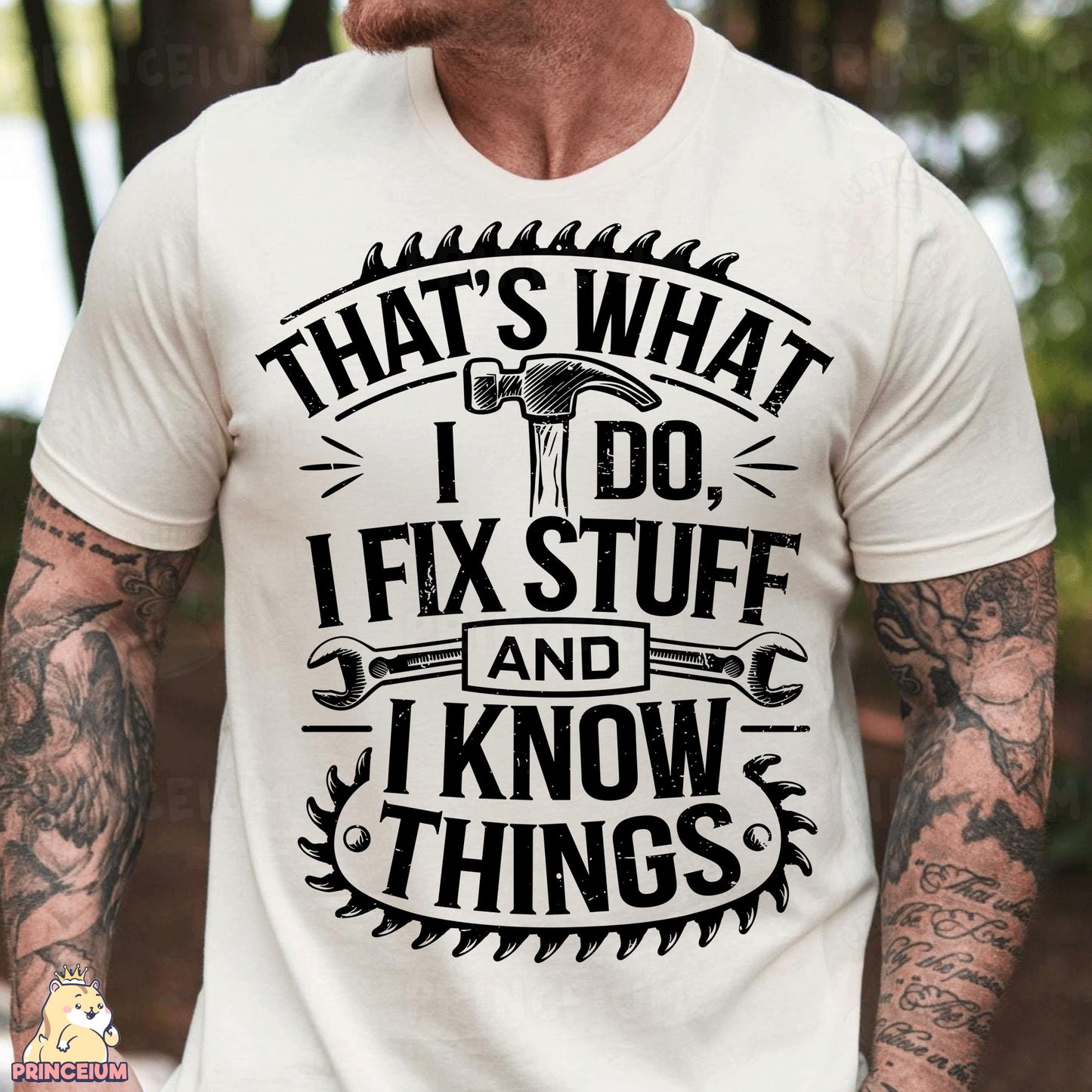 a man wearing a white t - shirt that says, that's what i