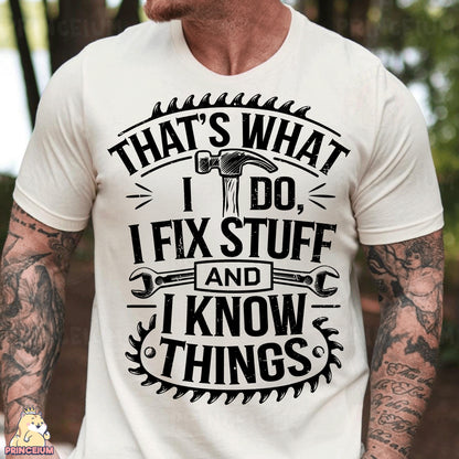 a man wearing a white t - shirt that says, that's what i