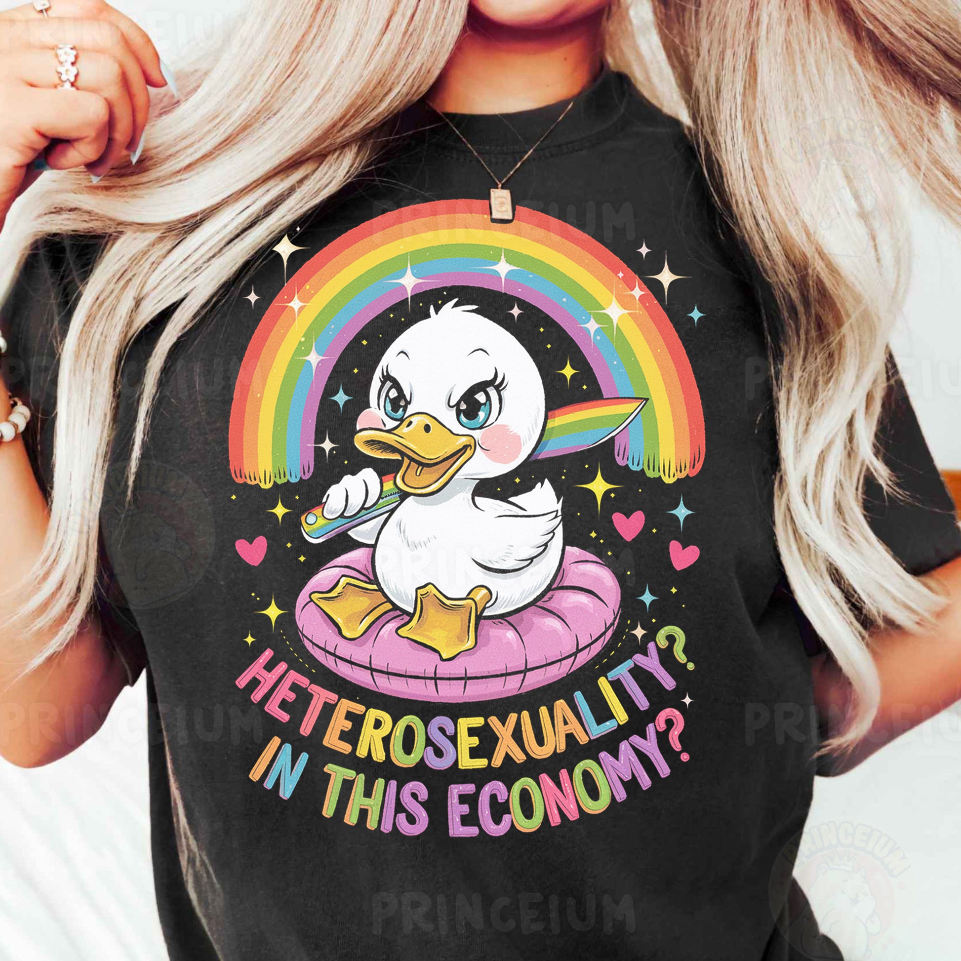 a woman wearing a black shirt with a duck on it