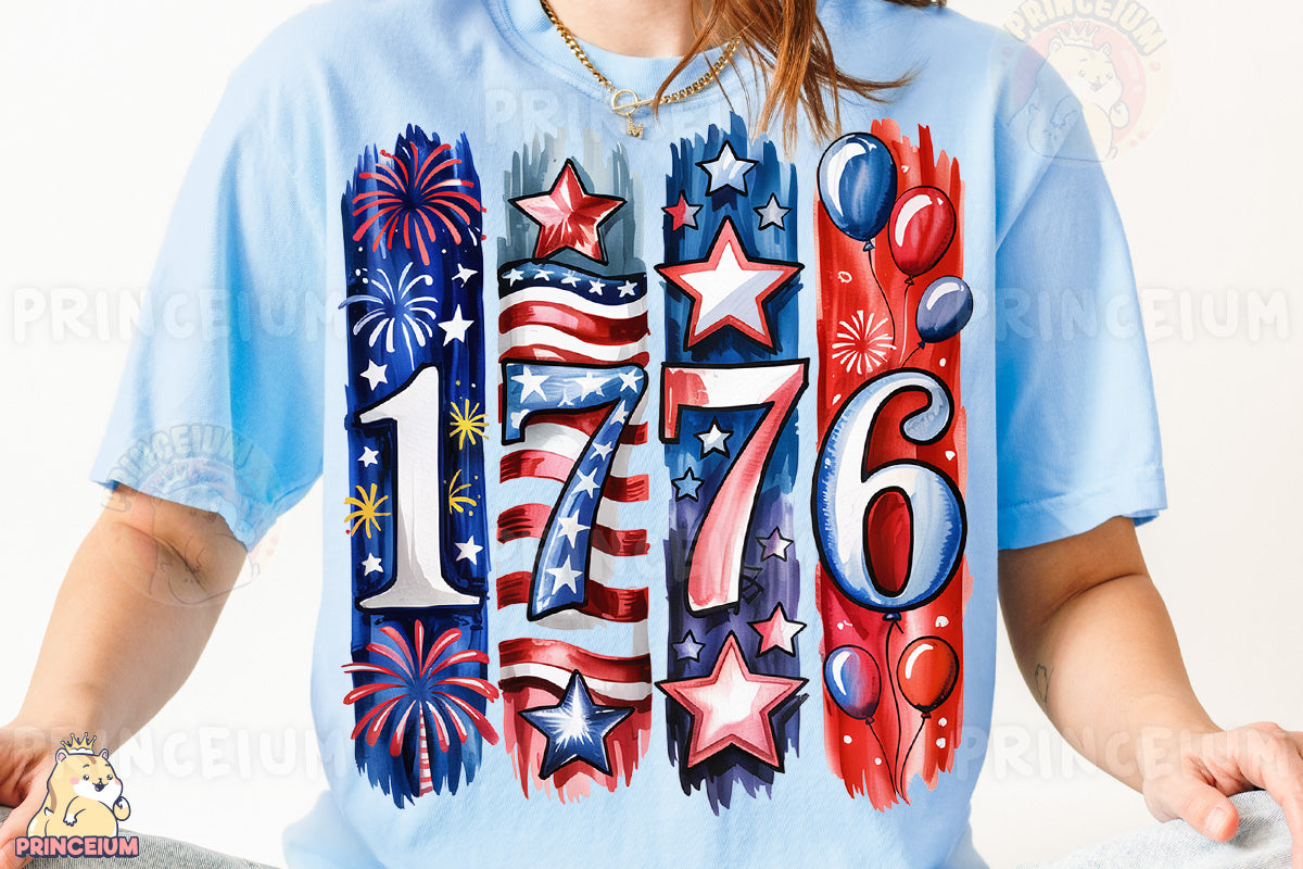 a woman wearing a blue shirt with fireworks on it