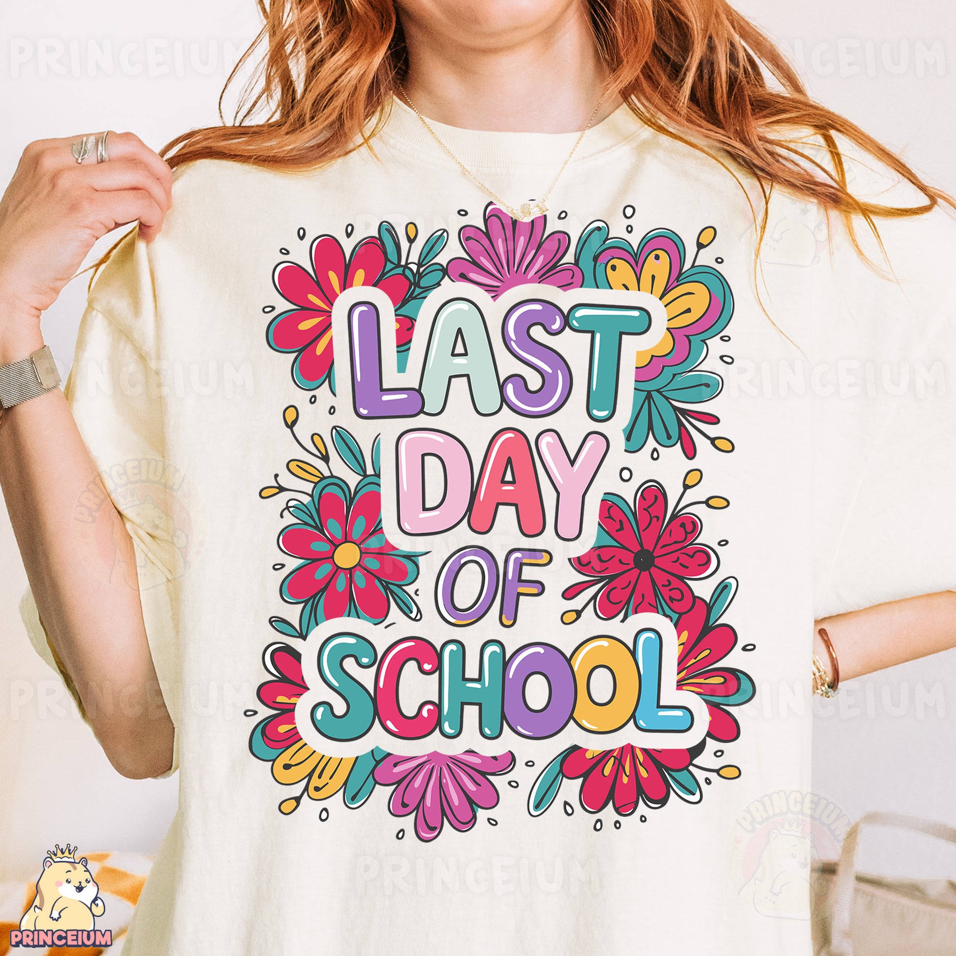a woman wearing a t - shirt that says last day of school