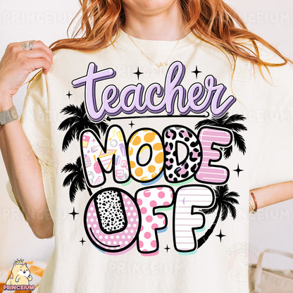 a woman wearing a t - shirt that says teacher mode off