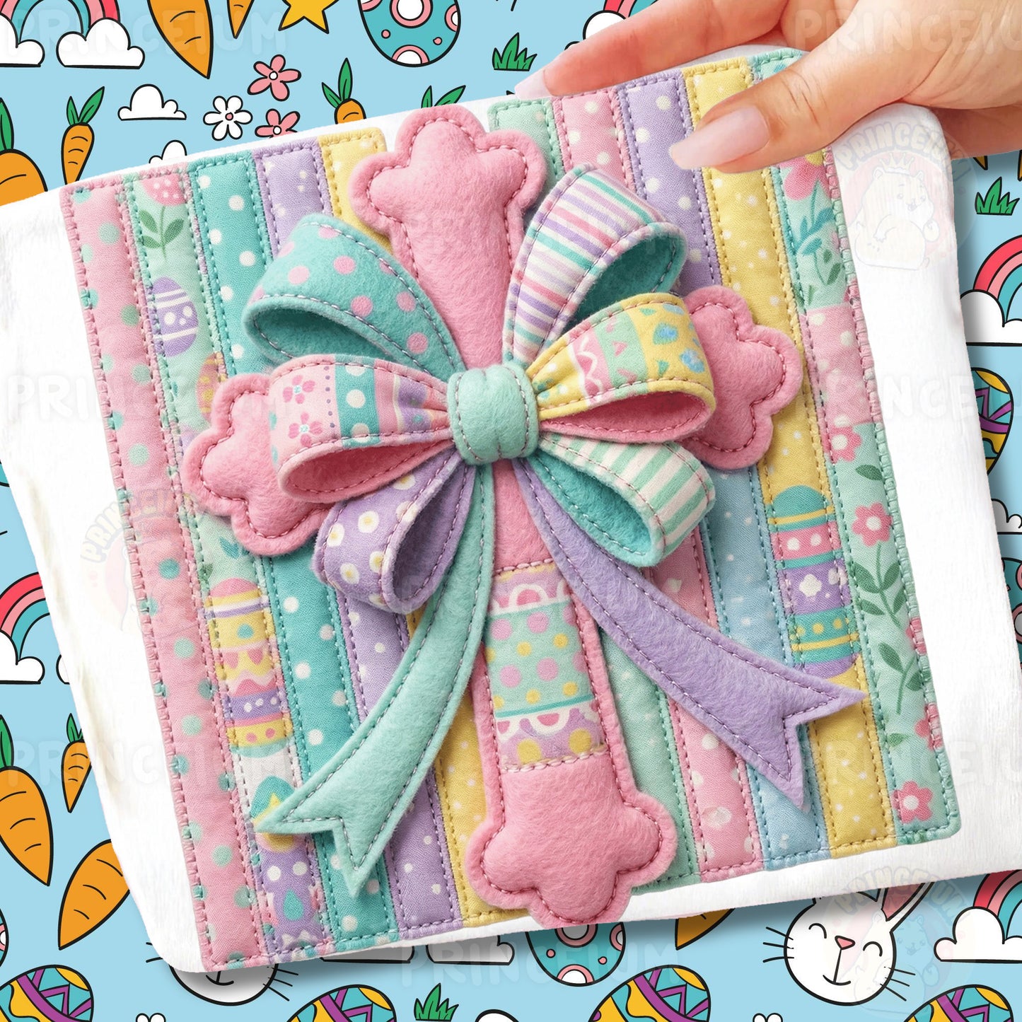 Easter Cross PNG, Pastel Patchwork Bow Cross Art, Christian Spring Faith Clipart Design