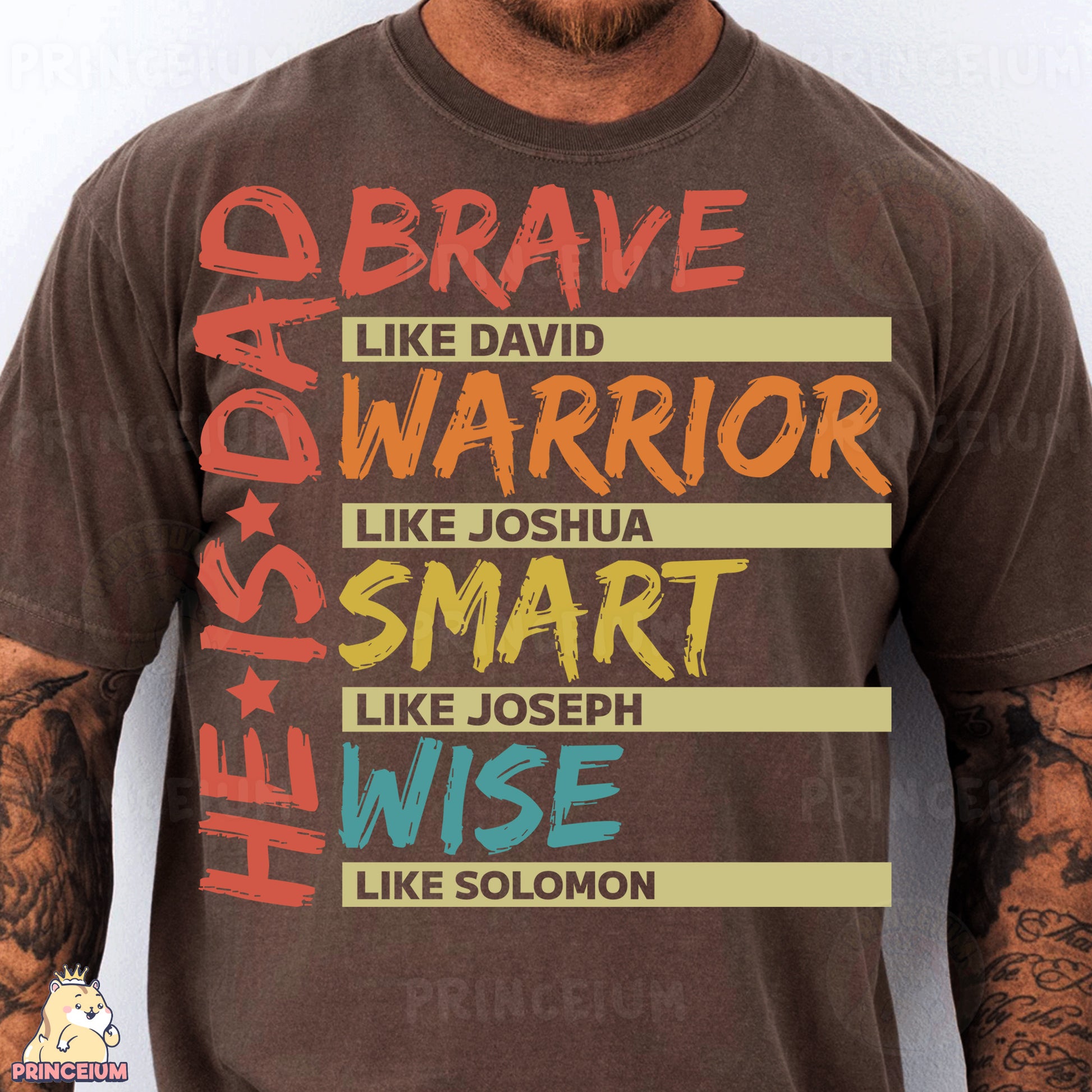 a man wearing a brown t - shirt with the words brave, like david warrior