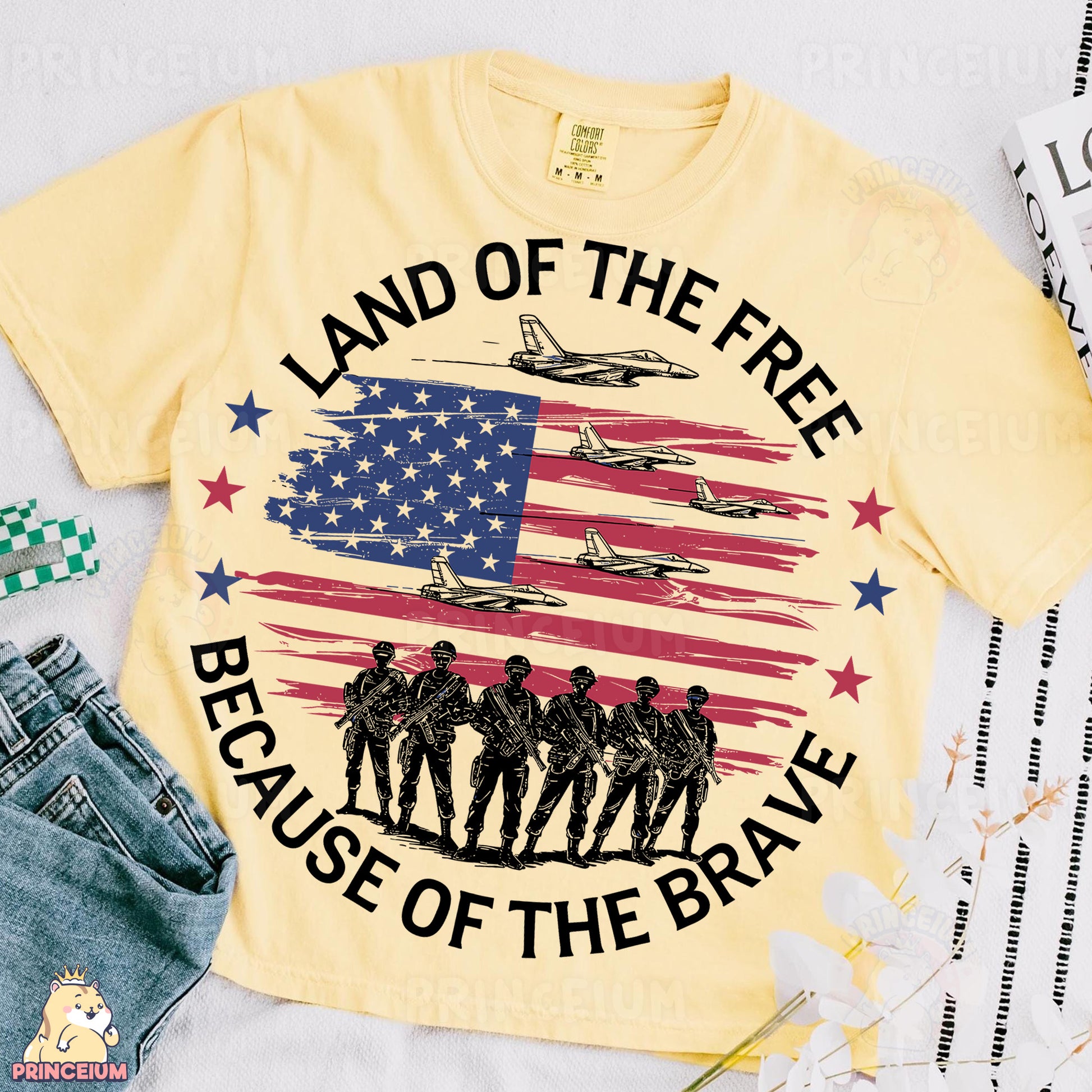 a t - shirt that says land of the free because of the brave
