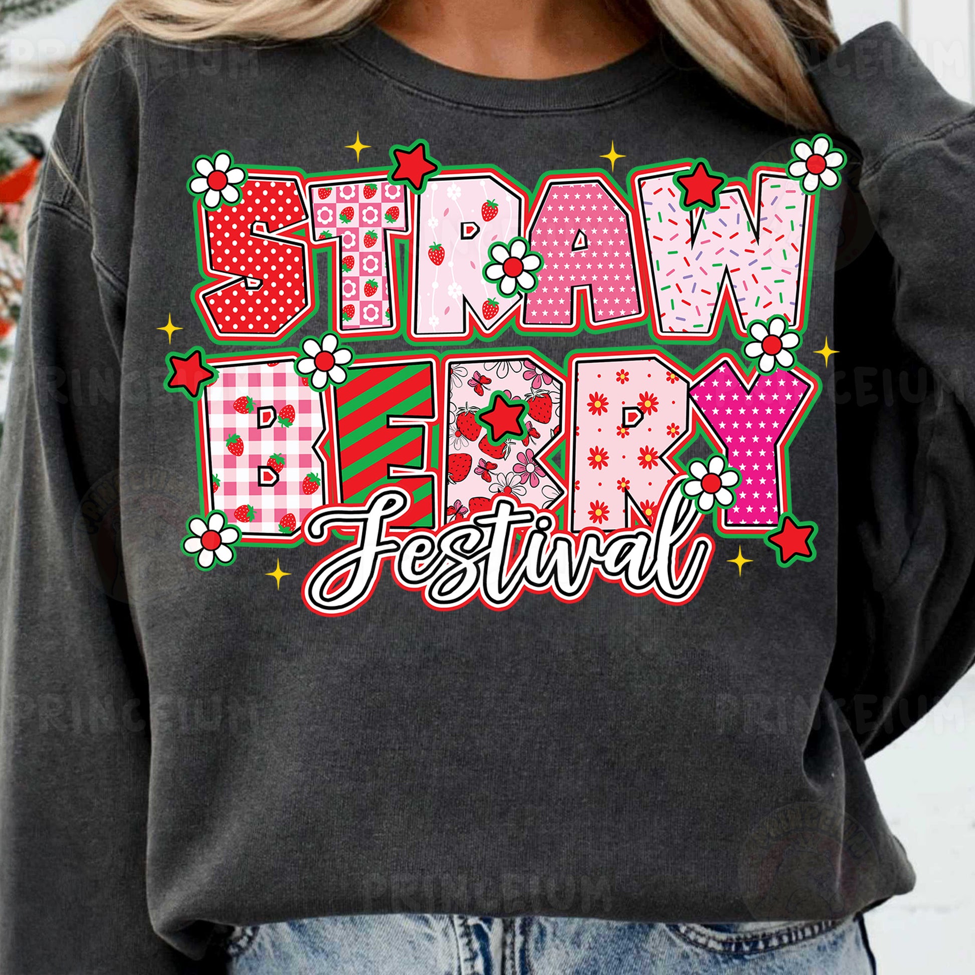 a woman wearing a gray crew neck sweatshirt with the words raw raw raw raw raw