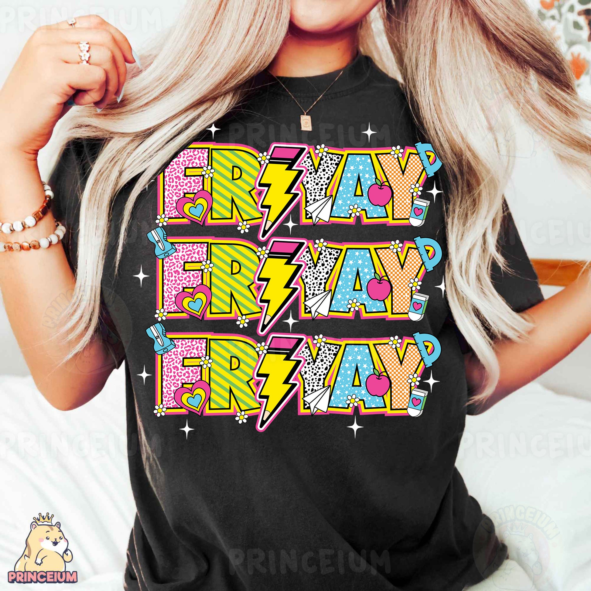 a woman wearing a black t - shirt with the words pray, pray, pray