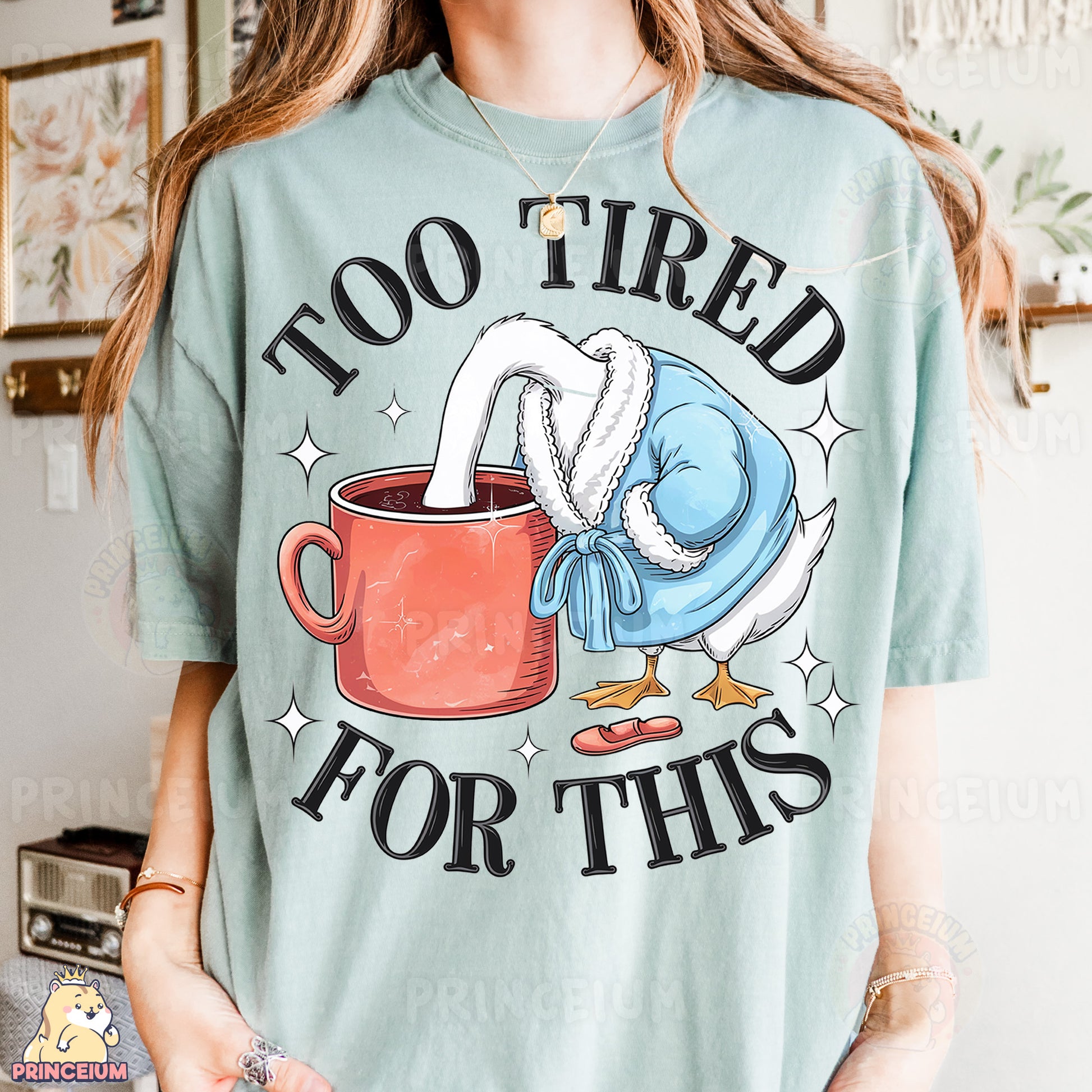 a woman wearing a t - shirt that says too tired for this