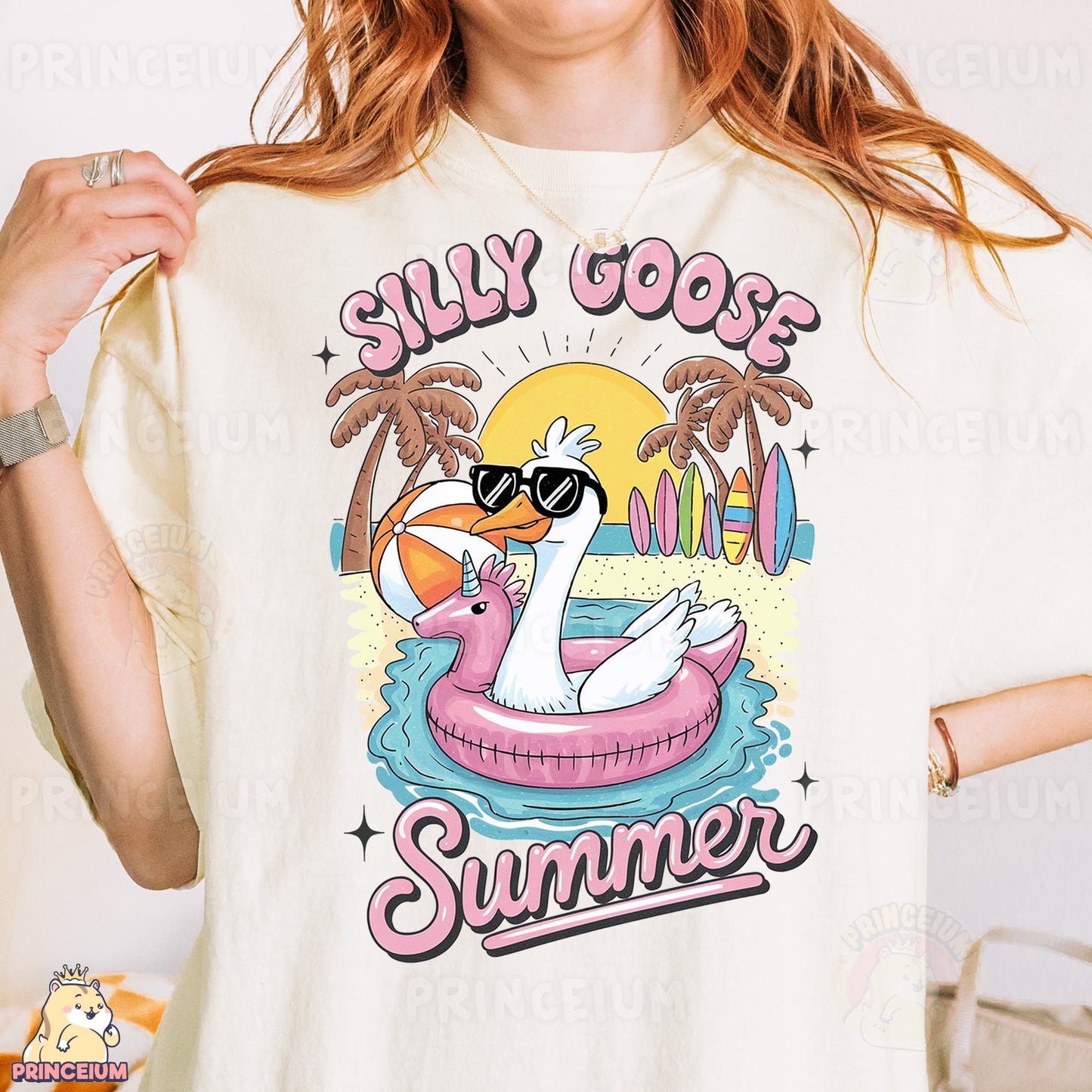 a woman wearing a t - shirt that says silly goose summer