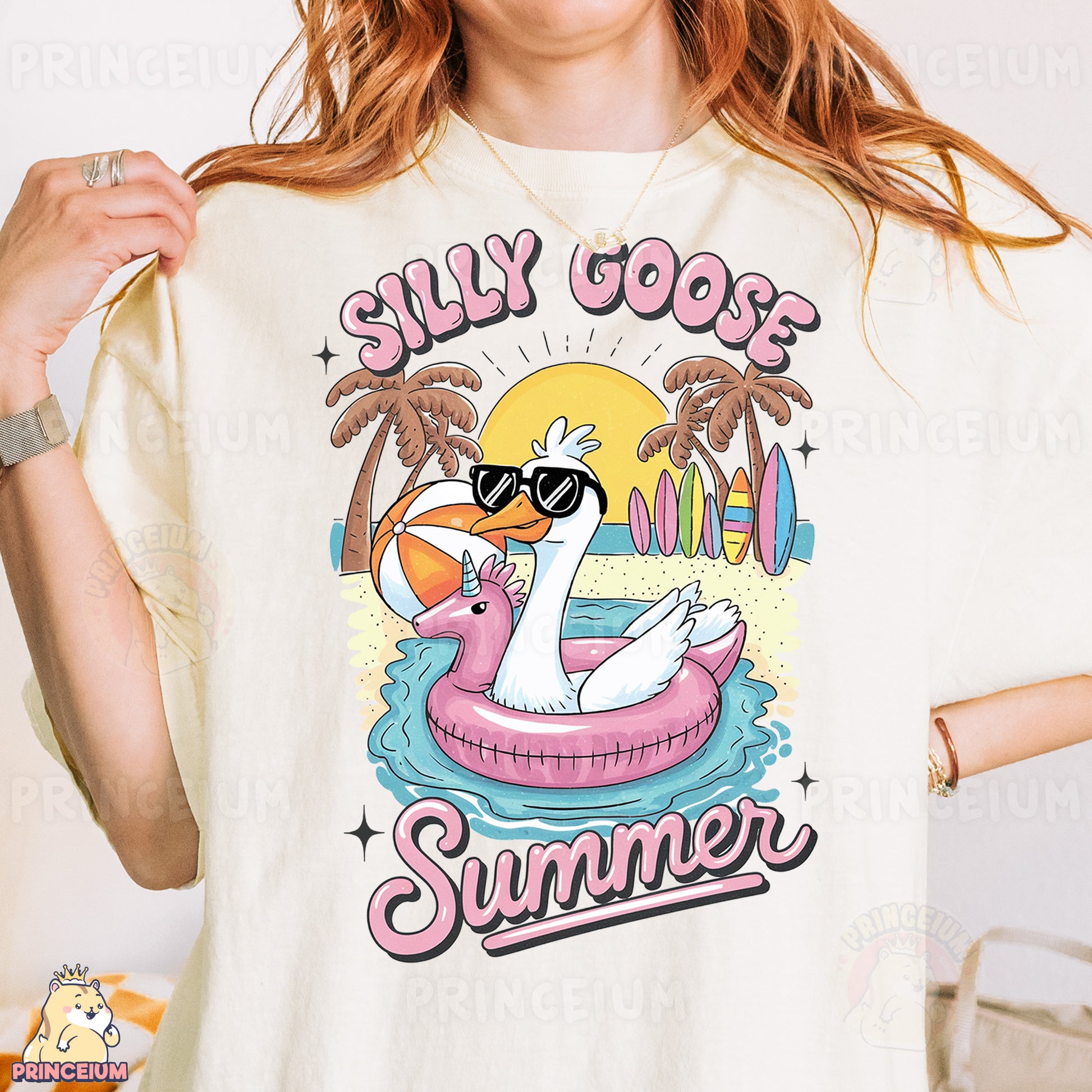 a woman wearing a t - shirt that says silly goose summer