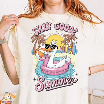 a woman wearing a t - shirt that says silly goose summer