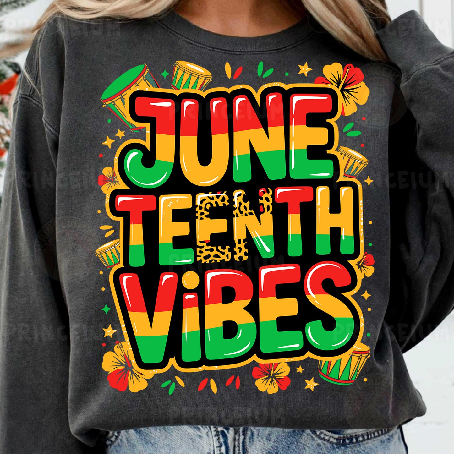 a woman wearing a sweatshirt that says june tenth vibes