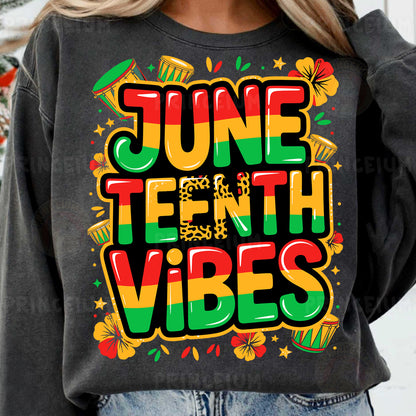 a woman wearing a sweatshirt that says june tenth vibes
