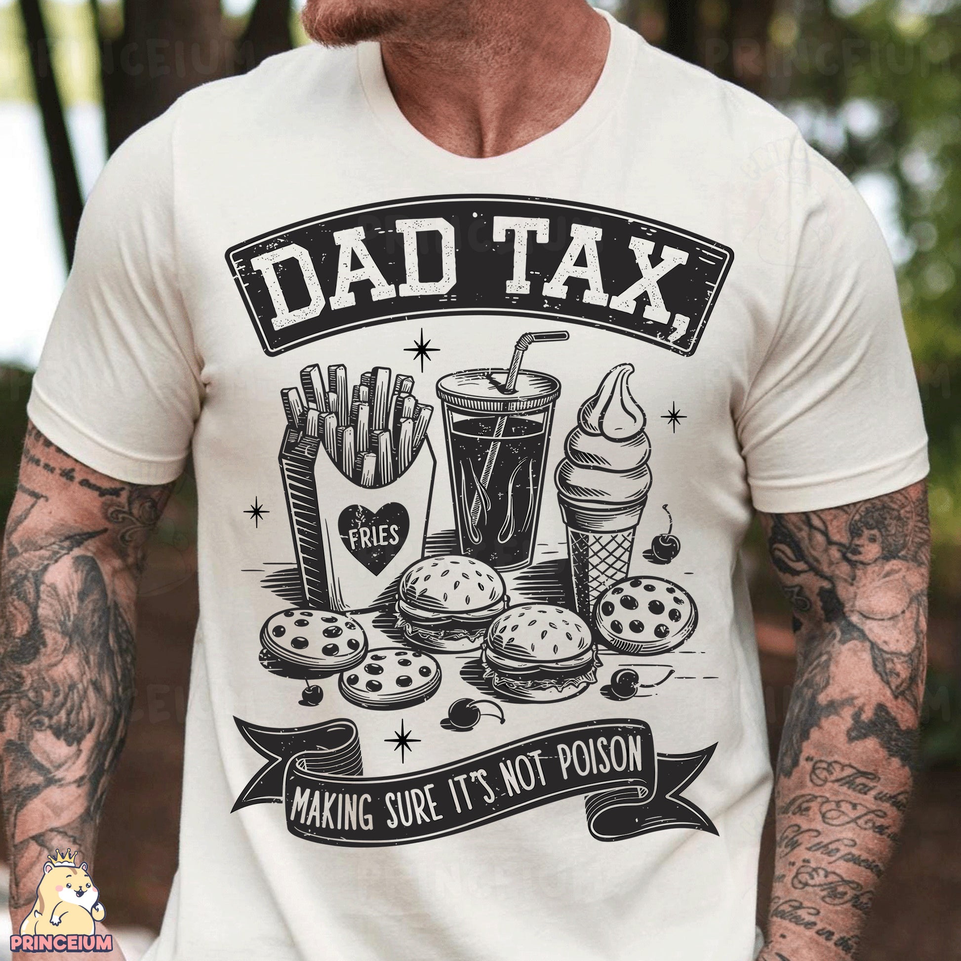 a man with a tattooed arm wearing a dad tax t - shirt