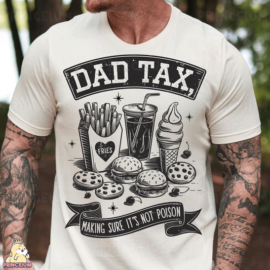 a man with a tattooed arm wearing a dad tax t - shirt