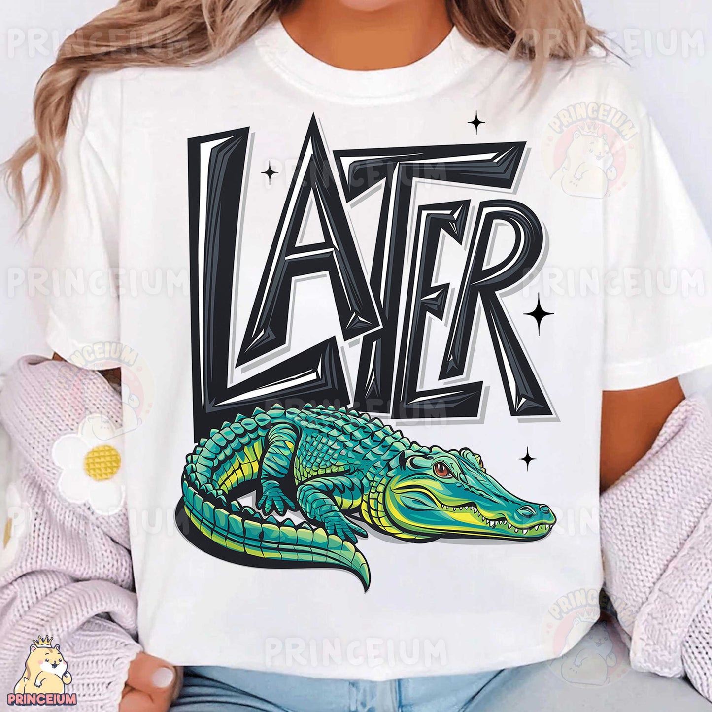 a woman wearing a white shirt with a green alligator on it