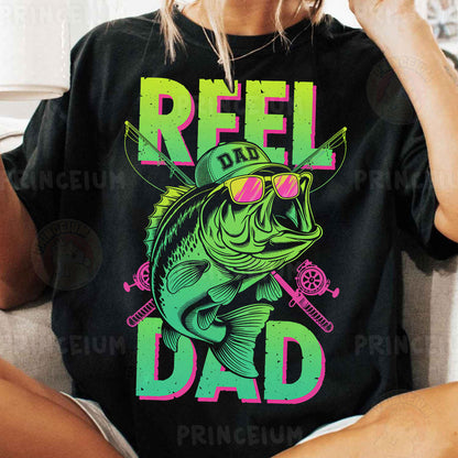 a woman sitting on a couch wearing a t - shirt that says reel dad