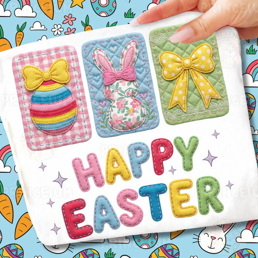 Happy Easter PNG, Patchwork Bunny Egg Bow Cards Art, Cute Colorful Spring Clipart Design