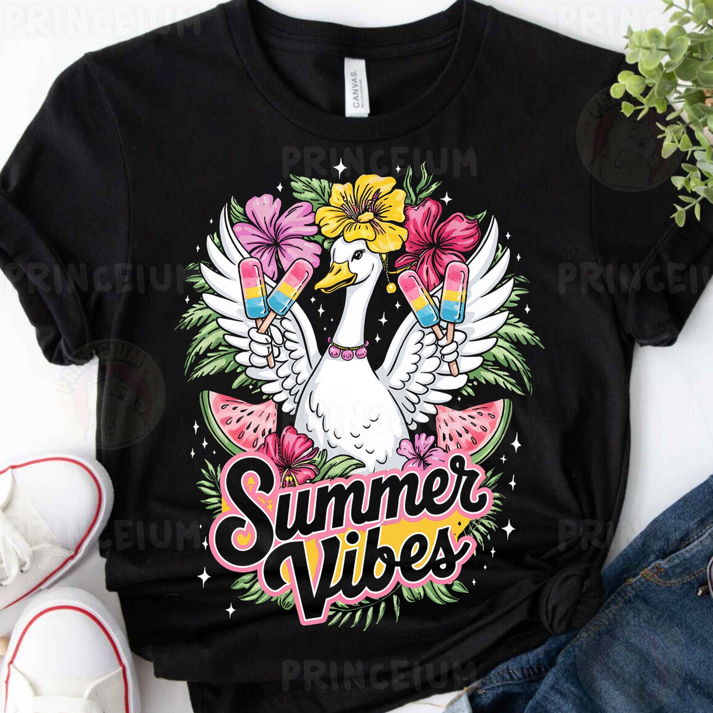 Summer Vibes Duck PNG – Cute Popsicle & Tropical Floral Digital Download