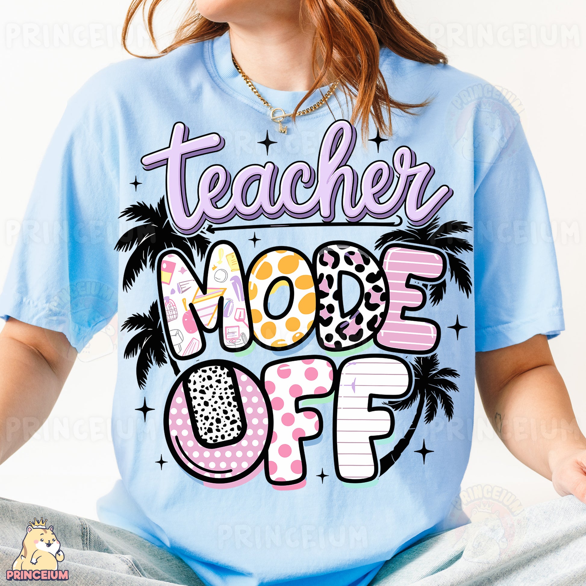 a girl wearing a teacher mode off t - shirt