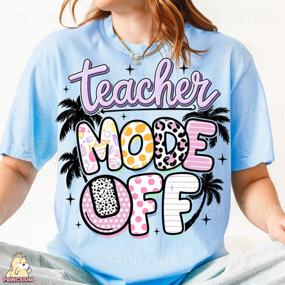a girl wearing a teacher mode off t - shirt