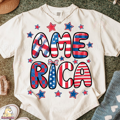 a t - shirt that says ame rica with stars and stripes