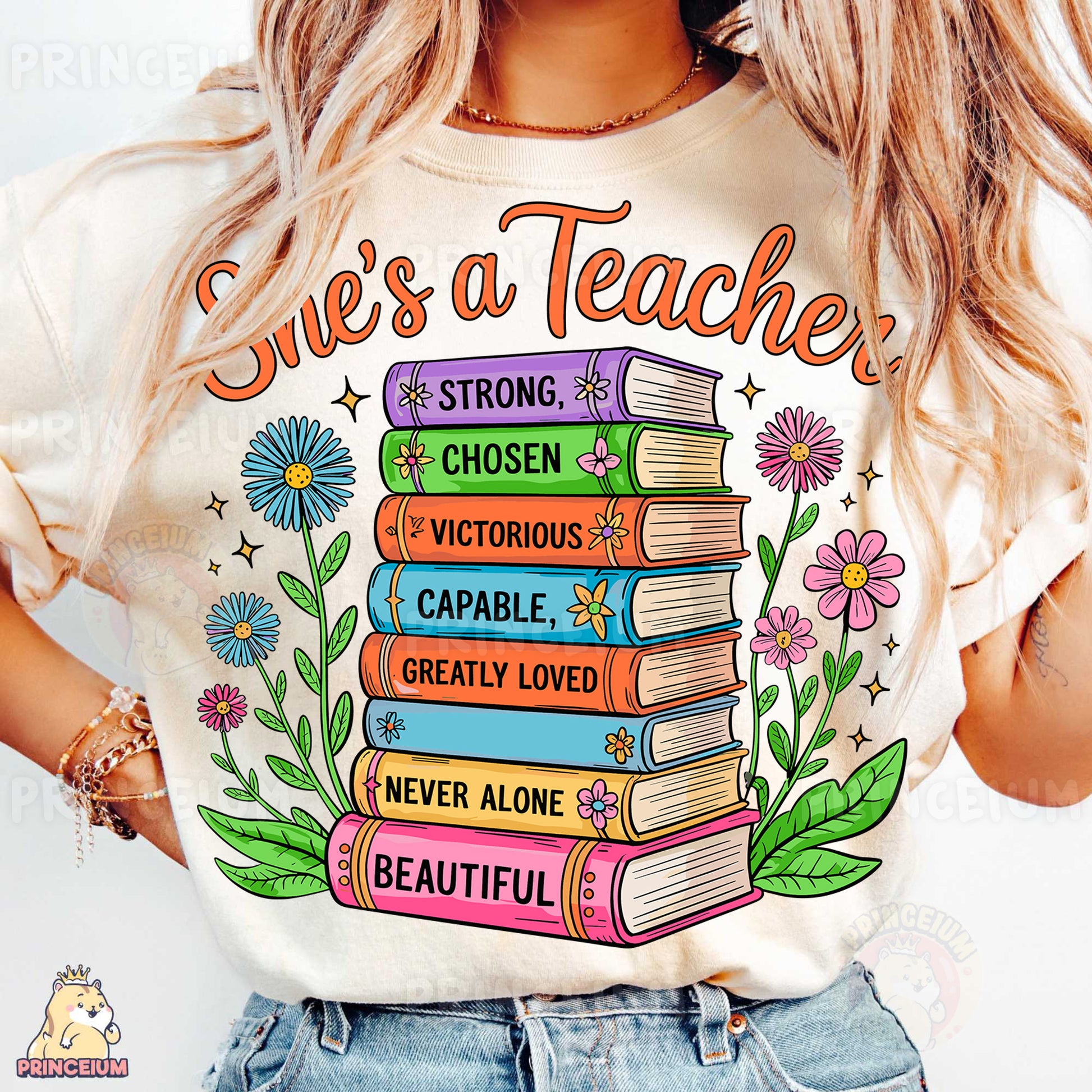 a woman wearing a t - shirt that says she's a teacher