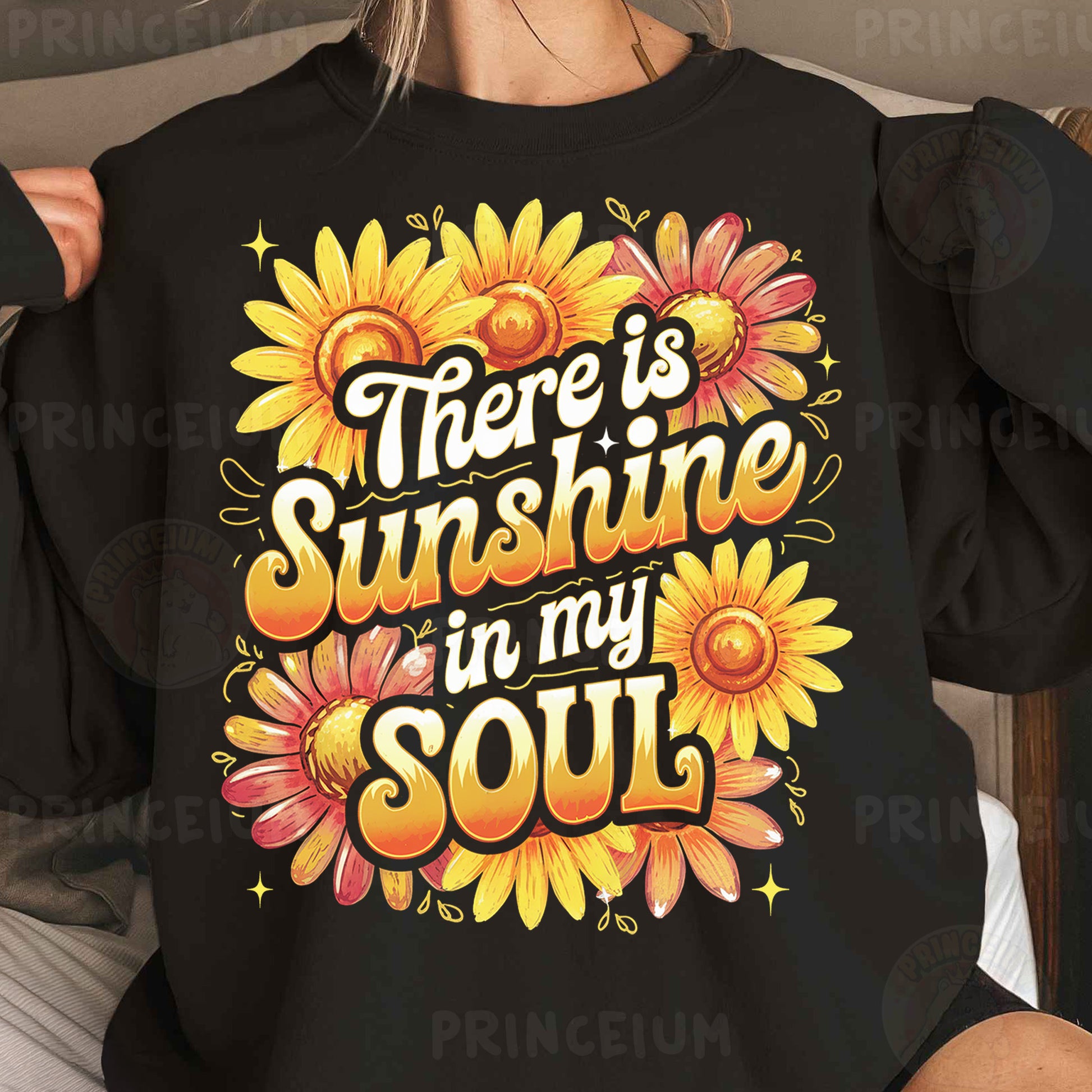 a woman wearing a black sweatshirt that says, there is sunshine in my soul